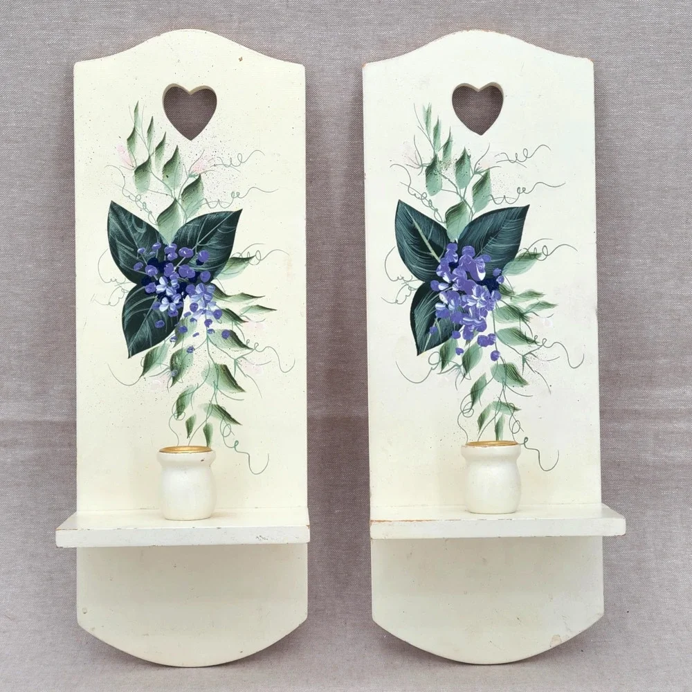 Cottagecore Gallery Wall Accent: Pair Candle Holders Handpainted Floral Purple